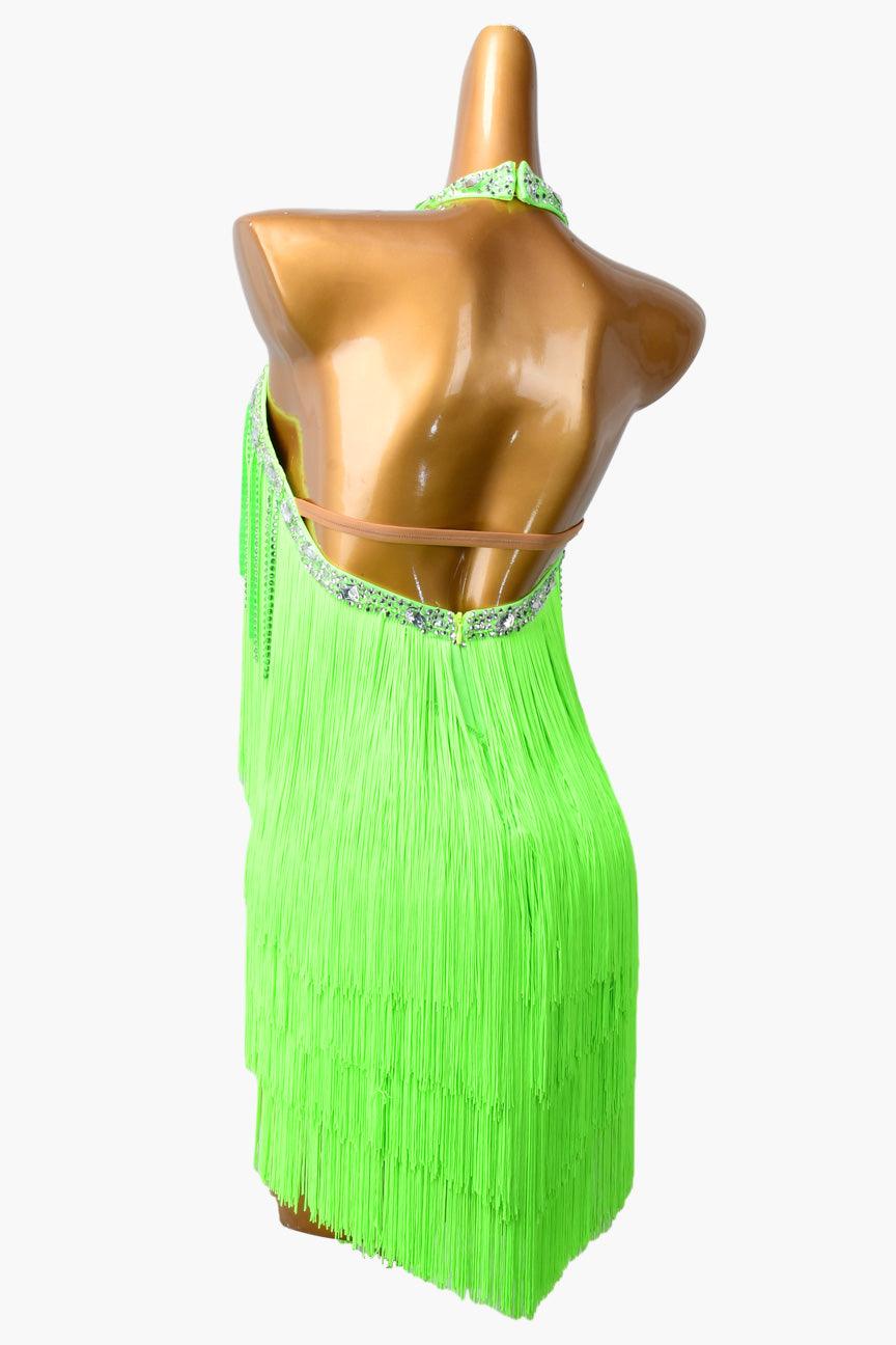 Permino lime green Latin dress with fringe, stone fringes and rhinestone - PerminoDesign