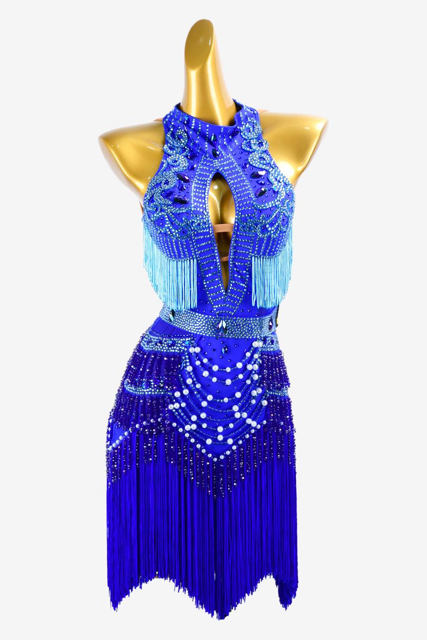 Permino international kIein blue Latin dress with lace appliqué, fringe, skyblue beaded fringes, crystals & beadings - PerminoDesign