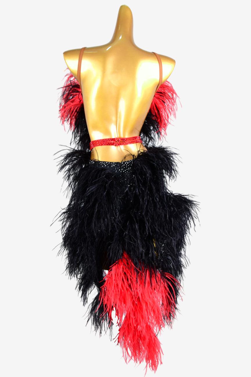 Permino black matt lycra backless Latin dress with rhinestones, black & red feathers - PerminoDesign