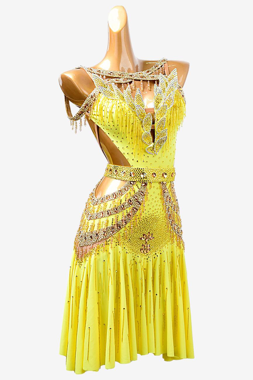 Permino lemon yellow Latin dress with beaded fringe, beading and AB stone