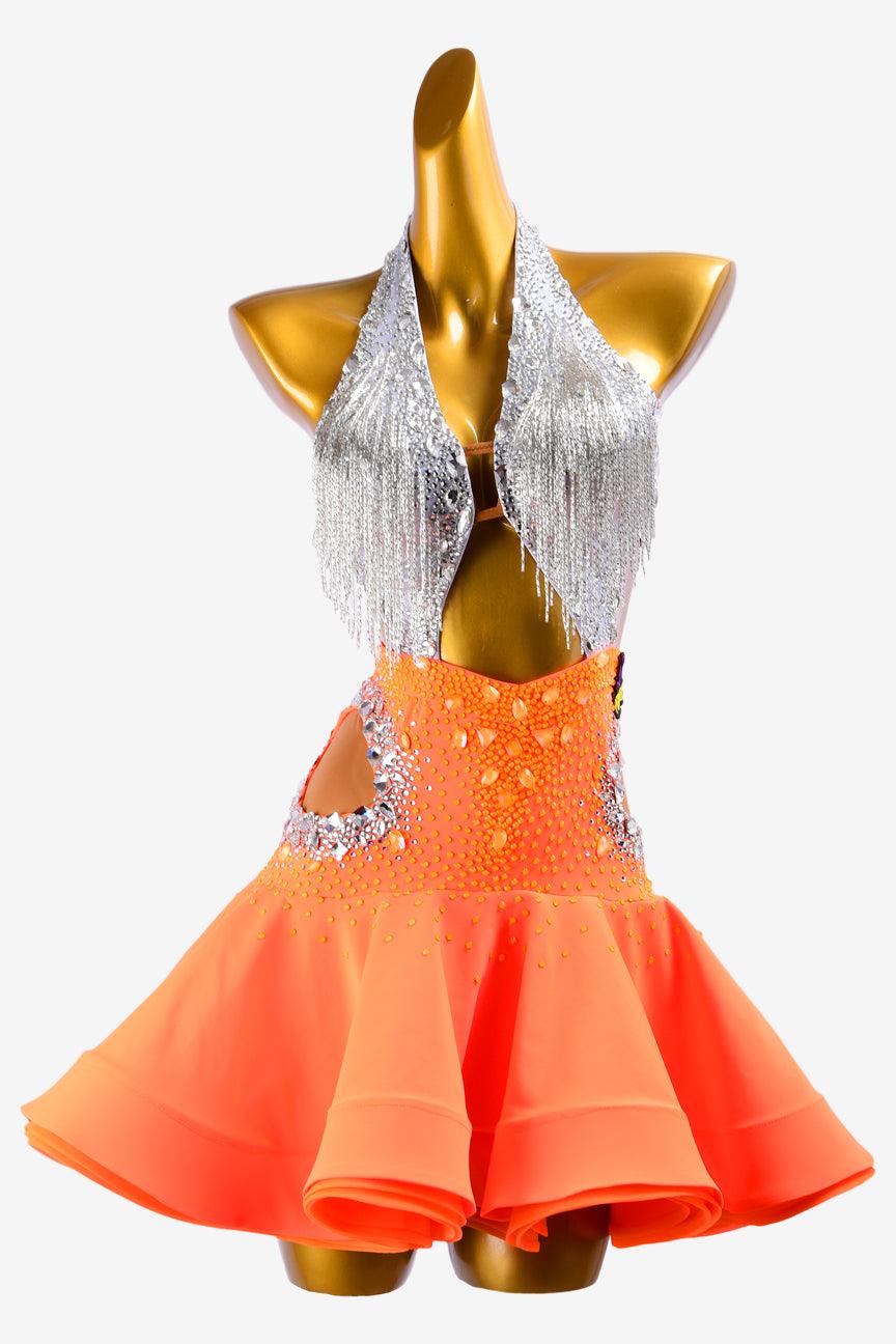 Permino silver dot shine lycra Latin dress with orangered ruffle fishbone underskirt, beaded fringes and crystals - PerminoDesign