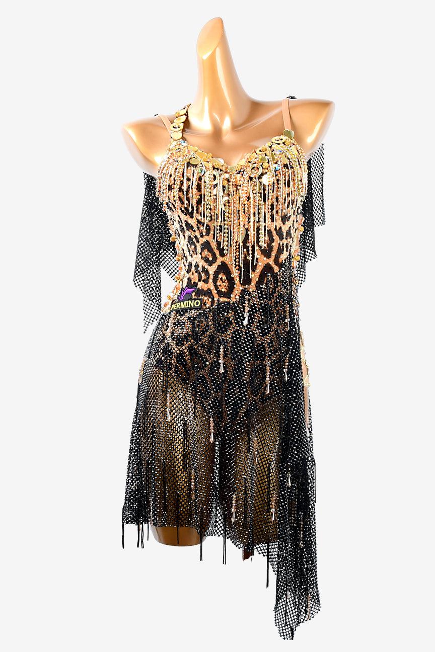 Permino leopard print Latin dress with black ruching crystal fishnet, AB stones, beadings & mirror stones - PerminoDesign