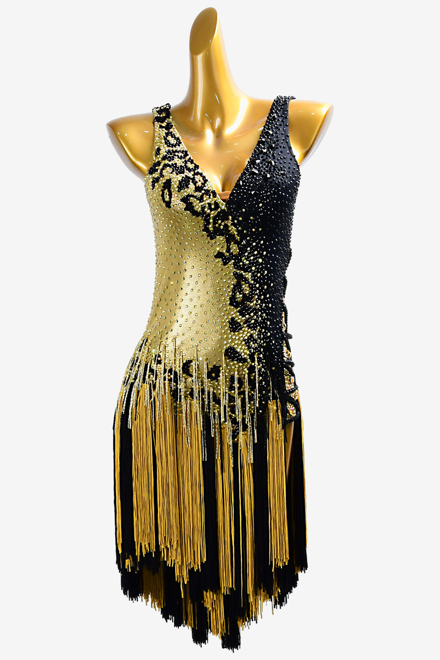 Permino black & burnt yellow Latin dress with tassels, gold beaded fringe and rhinestone - PerminoDesign