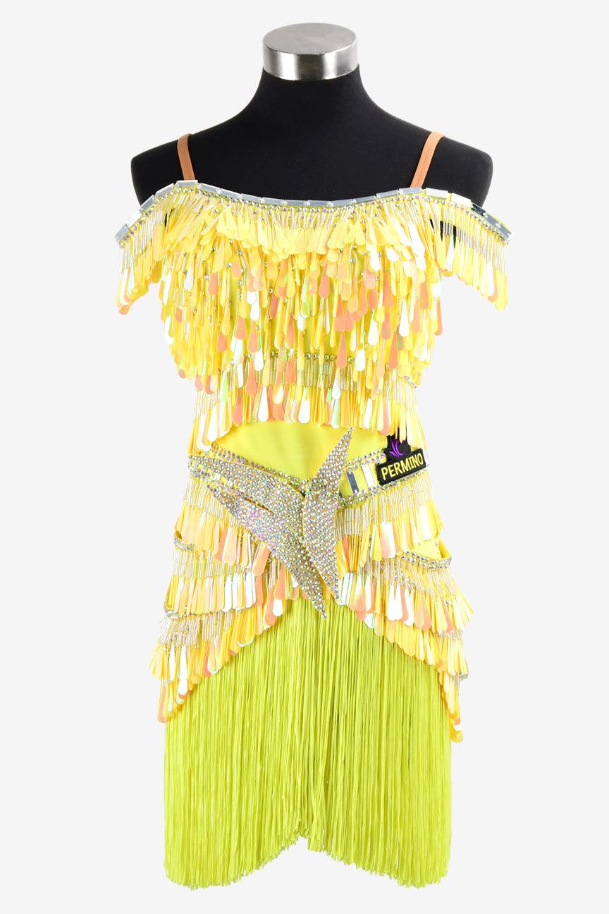 Permino canary yellow Latin dress with sequins, fringe and crystal AB - PerminoDesign