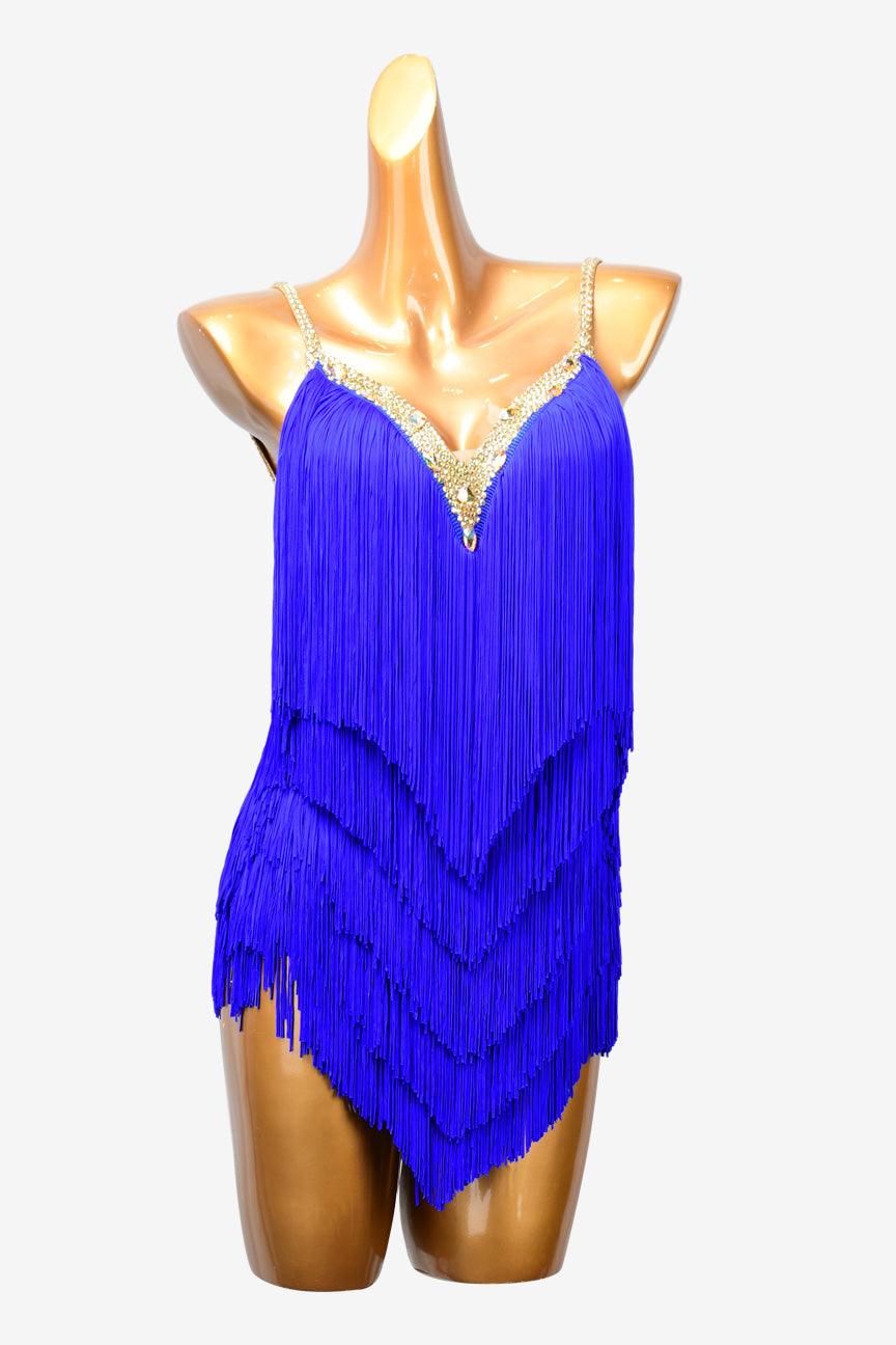 Permino international klein blue Latin dress with fringe and rhinestone - PerminoDesign