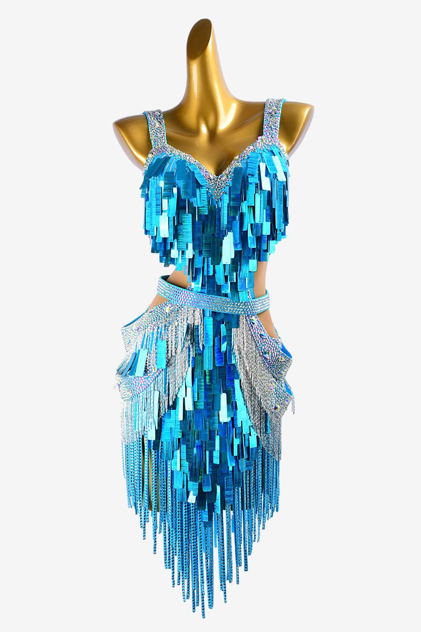 Permino sky blue Latin dress with sequins, stone fringes, silver beaded fringes, AB crystals & sew-on stones - PerminoDesign