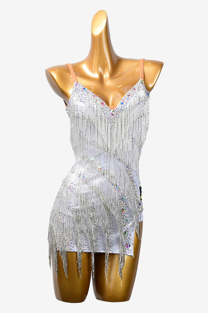 Permino white dot shine lycra Latin dress with beaded fringes, AB crystals & sew-on stones - PerminoDesign