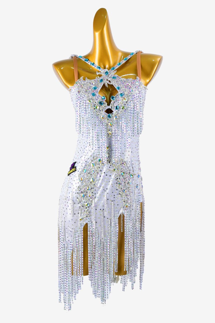 Permino silver dot shine lycra Latin dress with stone fringes, white beaded fringes, crystal AB & cyan sew-on stones - PerminoDesign