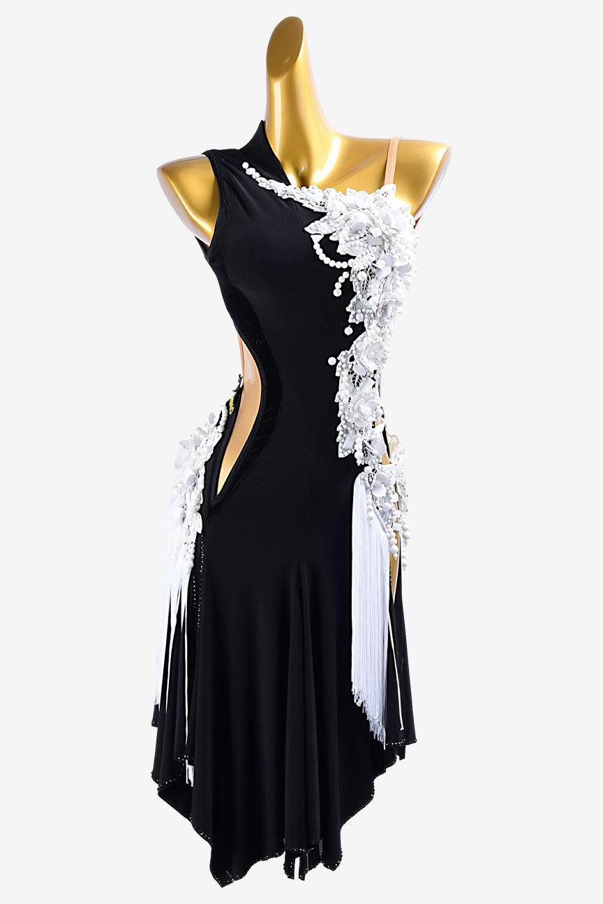 Permino mesh black draping Latin dress with white beadings, tassels, white lace & flower appliqués - PerminoDesign