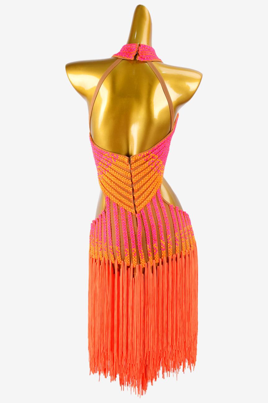 Permino fleshtone matt lycra Latin dress with fringes, fluorescent orange & sun orange rhinestone - PerminoDesign