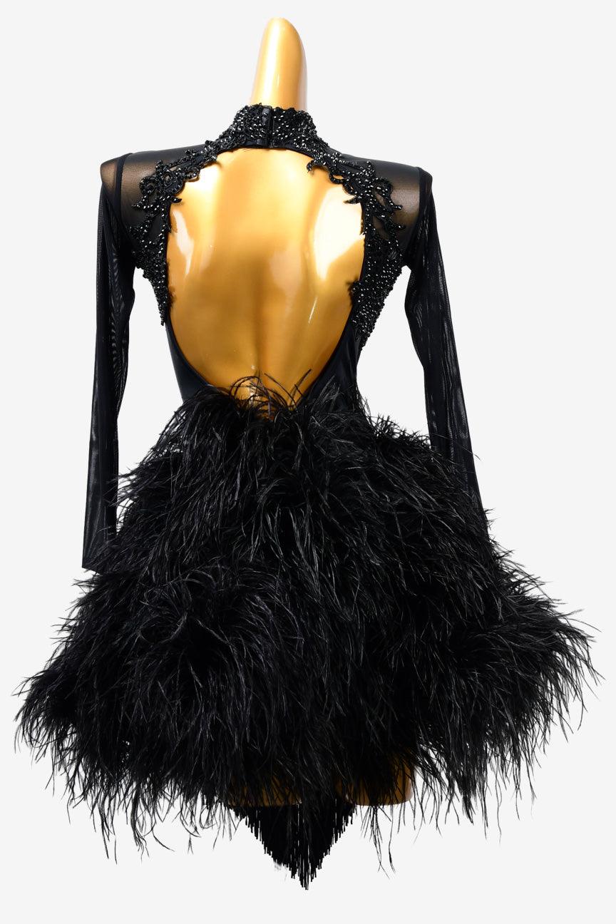 Permino black Latin dress with AB stone, fringe, beading and feather