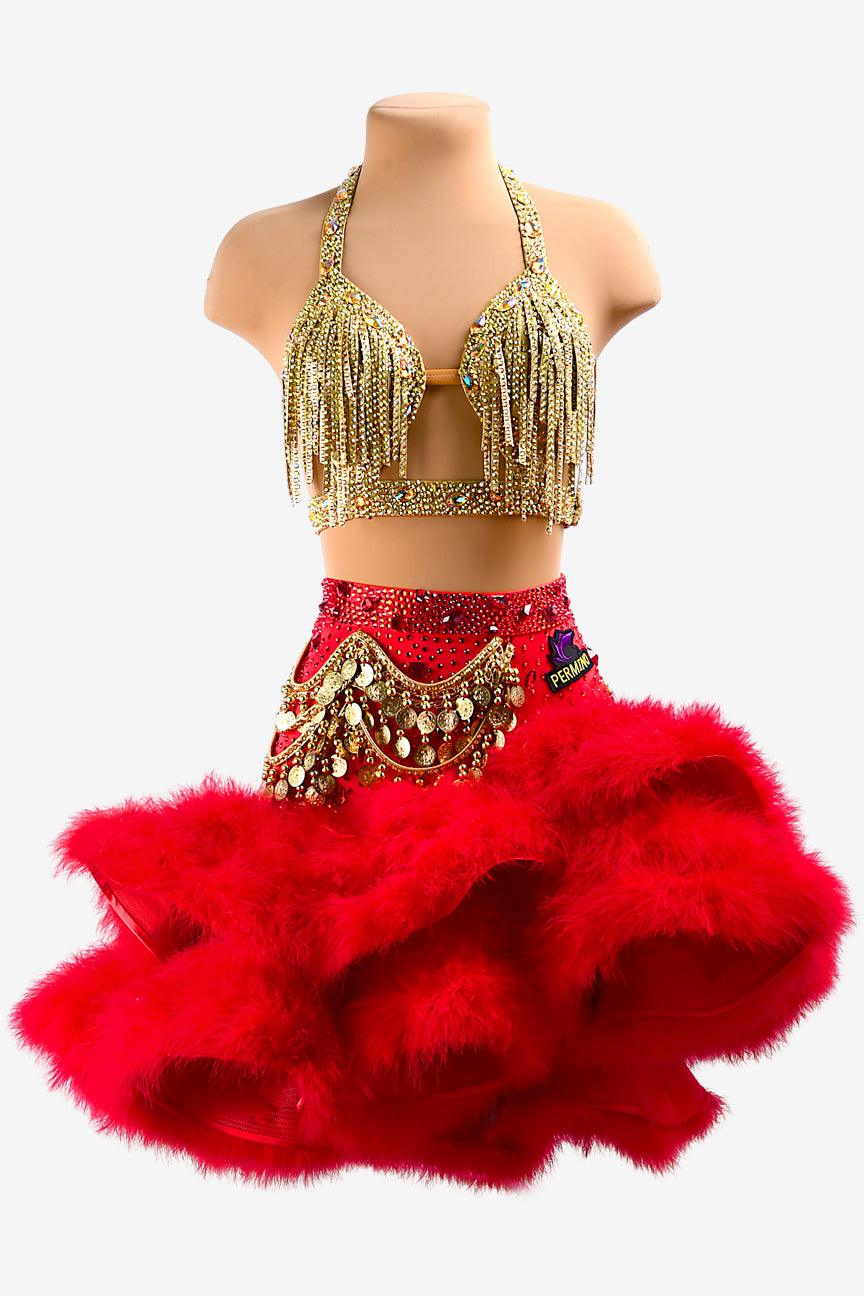 Permino gold Latin dress with china red ruffle fishbone underskirt, gold stone fringes, feathers & crystals - PerminoDesign