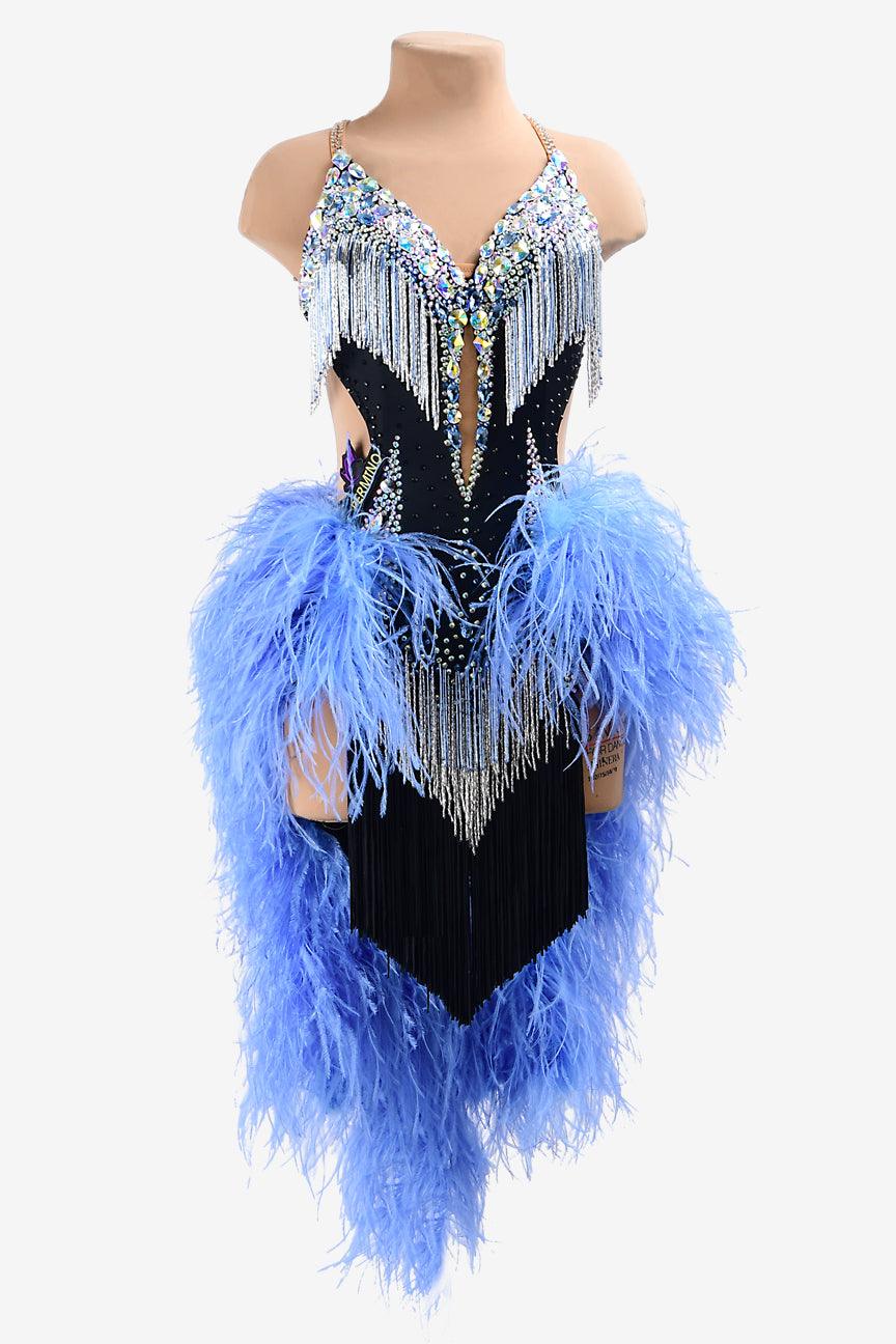 Permino black matt lycra Latin dress with AB sew-on stones, silver beaded fringes, black fringes & blue feathers - PerminoDesign