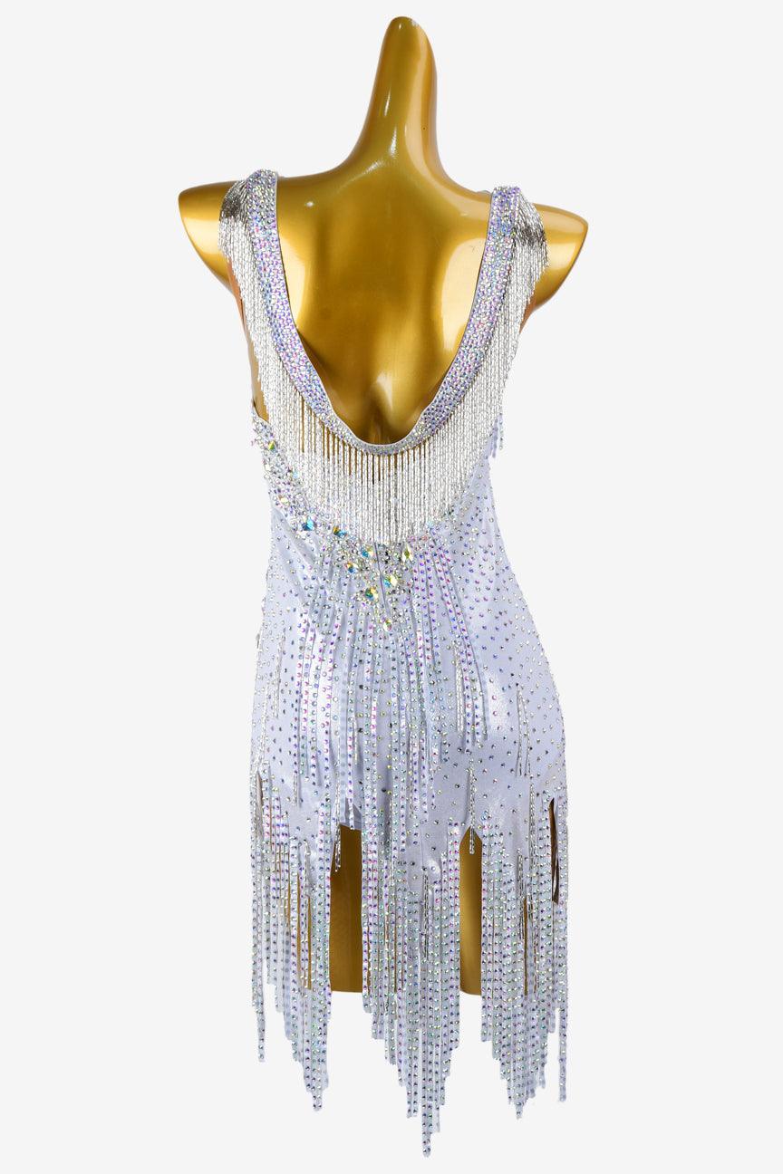 Permino silver dot shine lycra Latin dress with stone fringes, white beaded fringes, crystal AB & cyan sew-on stones - PerminoDesign