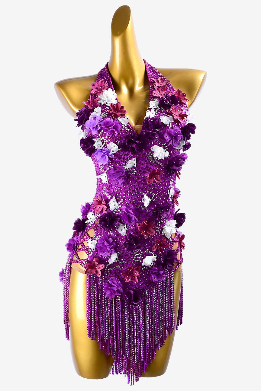 Permino brilliant violet lycra Latin dress with stone fringes, silver crystals & flower appliques - PerminoDesign