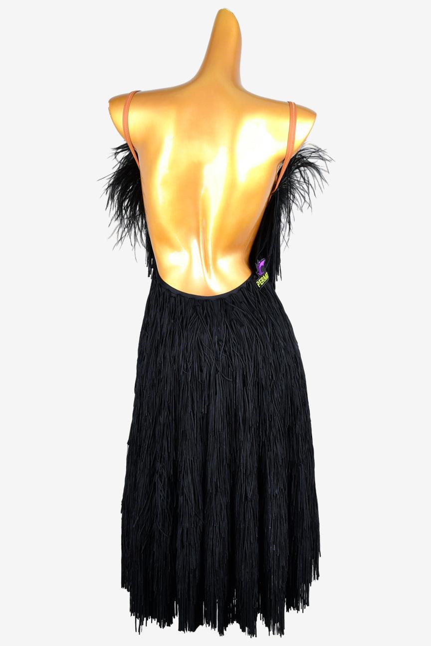 Permino black matt lycra backless Latin dress with fringes and feathers - PerminoDesign