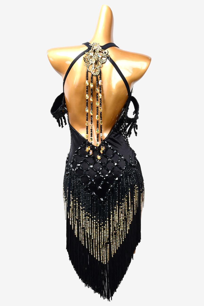 Permino black Latin dress with rhinestone, fishnet, fringe and stone fringes - PerminoDesign