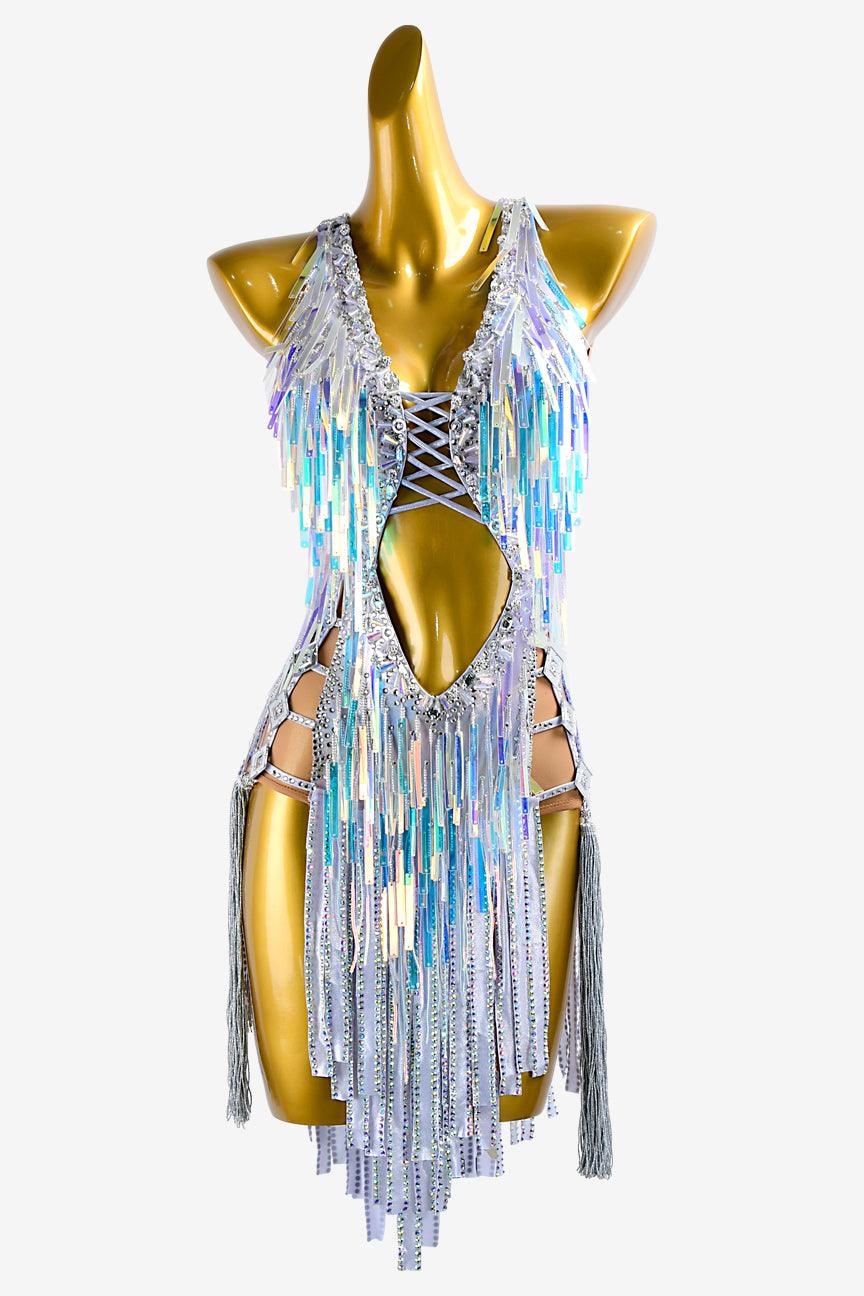 Silver metallic lycra rhythm dress with colorful sequins - PerminoDesign