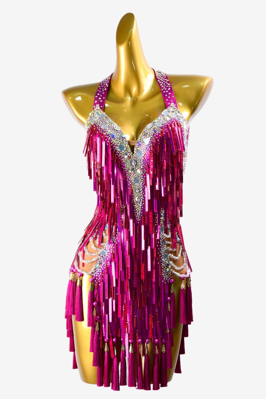 Permino mediumvioletred matt lycra Latin dress with beadings, sequins, silver mirror stones, AB stones & tassels - PerminoDesign