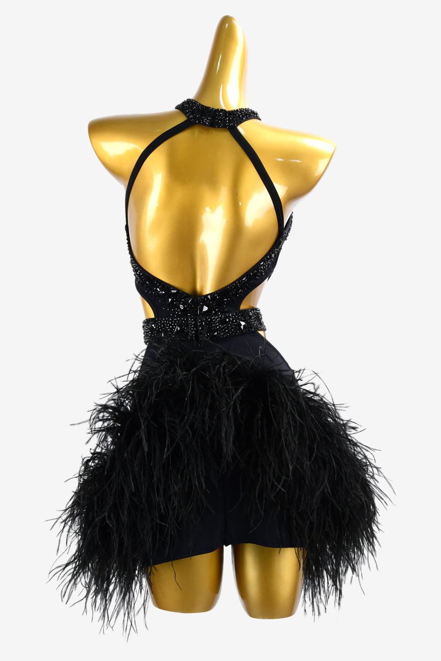 Permino black Latin dress with feather and AB stone - PerminoDesign