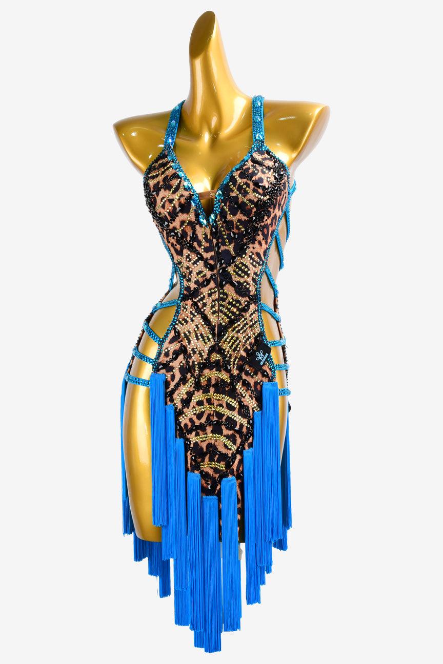 Permino leopard print Latin dress with AB stone and tassels - PerminoDesign