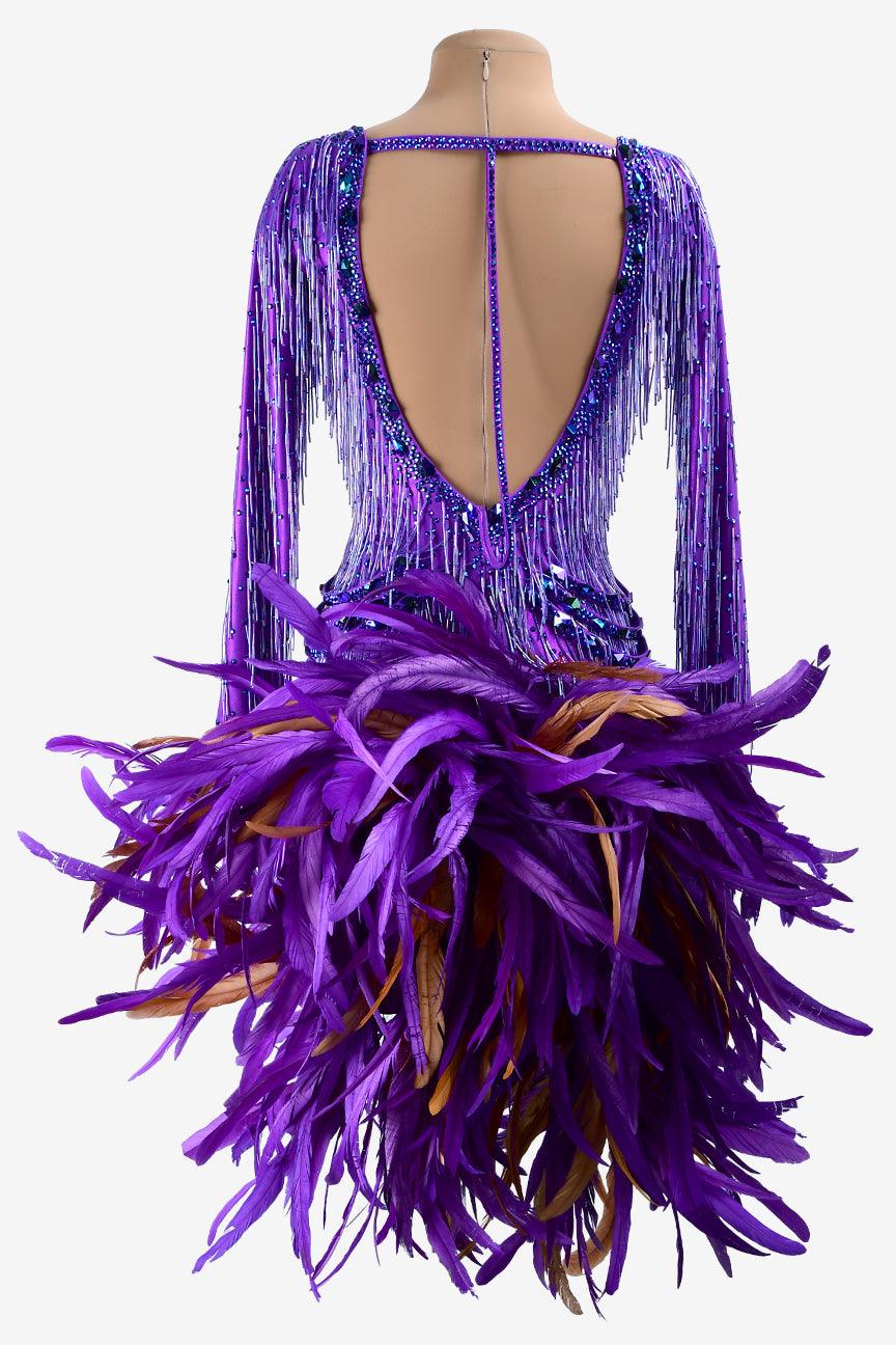 Permino violet dot shine lycra Latin dress with AB stones, stone fringes, feathers & beaded fringes - PerminoDesign