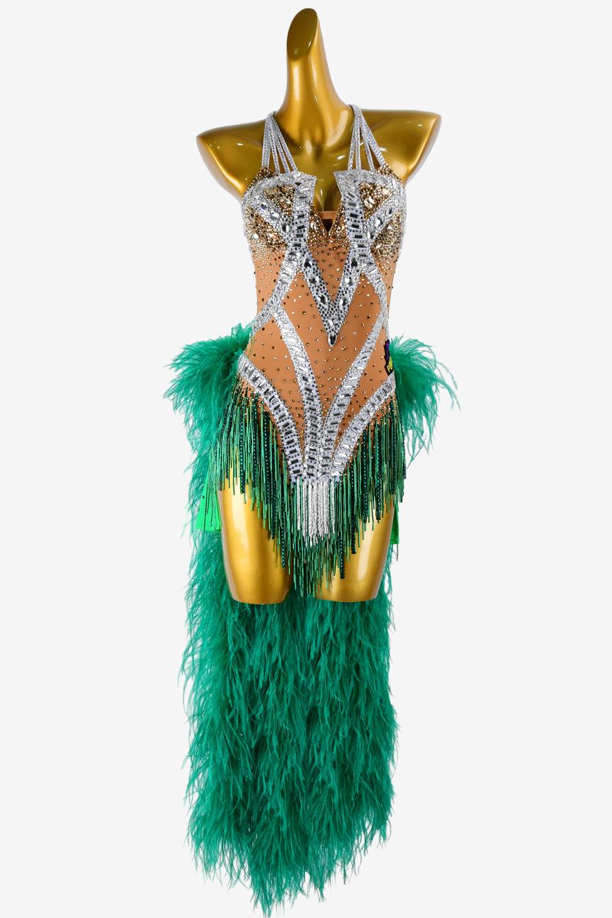 Permino fleshtone matt lycra Latin dress with sea green feathers, beaded fringes, rhinestones & sew-on stones - PerminoDesign