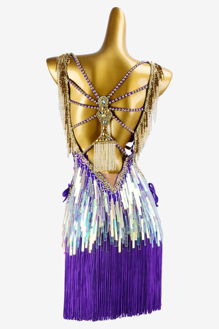 Permino violet Latin dress with gold dress top with beaded fringes, rhinestones, fringes & sequins - PerminoDesign