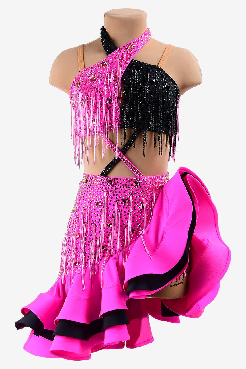 Permino phosphor & black matt lycra Latin dress with beaded fringes, crystal AB & sew-on stones - PerminoDesign