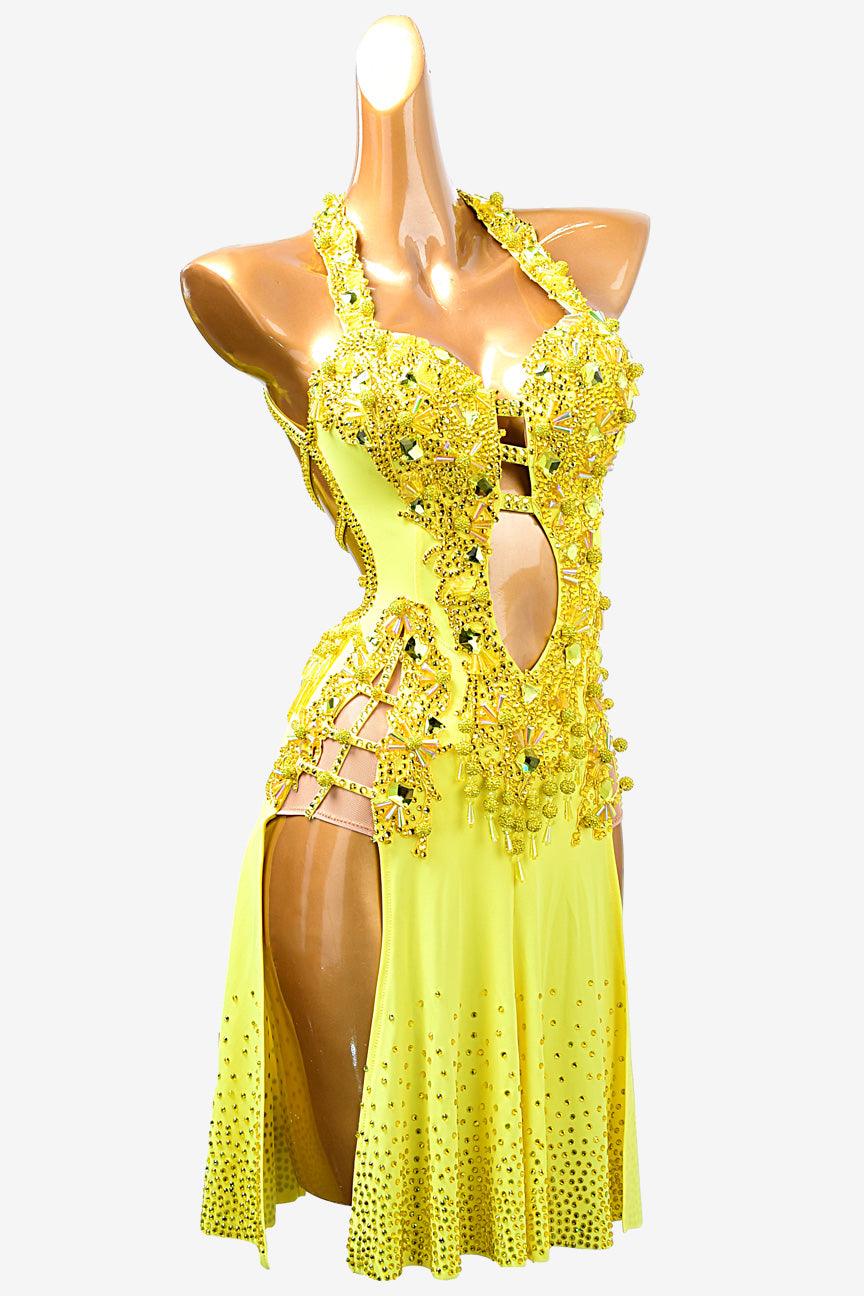 Permino lemon yellow Latin dress with beading and AB stone - PerminoDesign