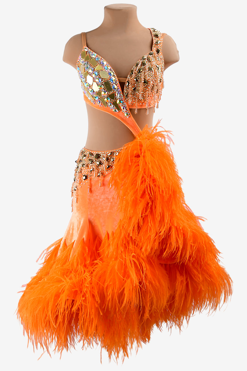 Permino vitality orange Latin dress with gold mirror stones, beadings, feathers, AB stones & sew-on crystals - PerminoDesign