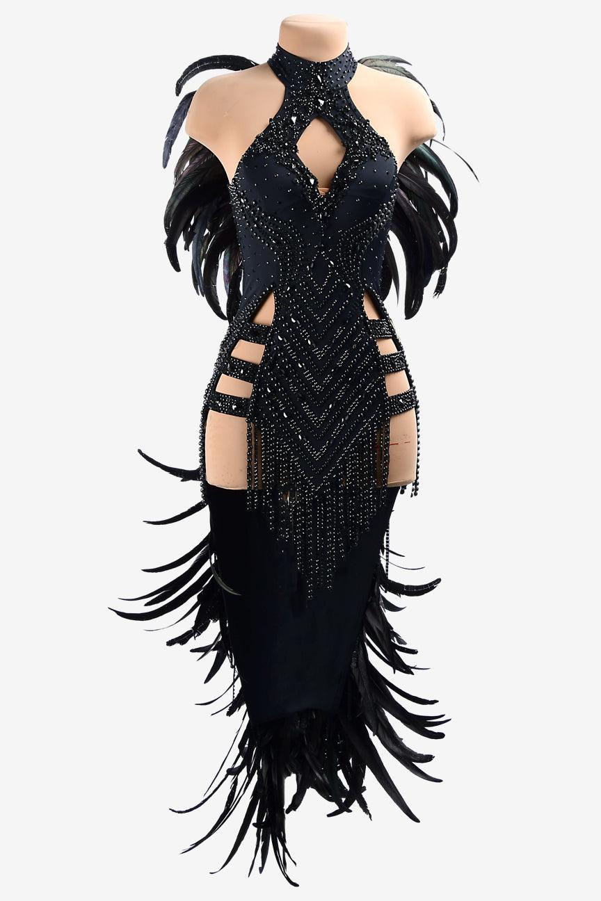 Permino black matt lycra Latin dress with rhinestones, beaded fringes & feathers - PerminoDesign