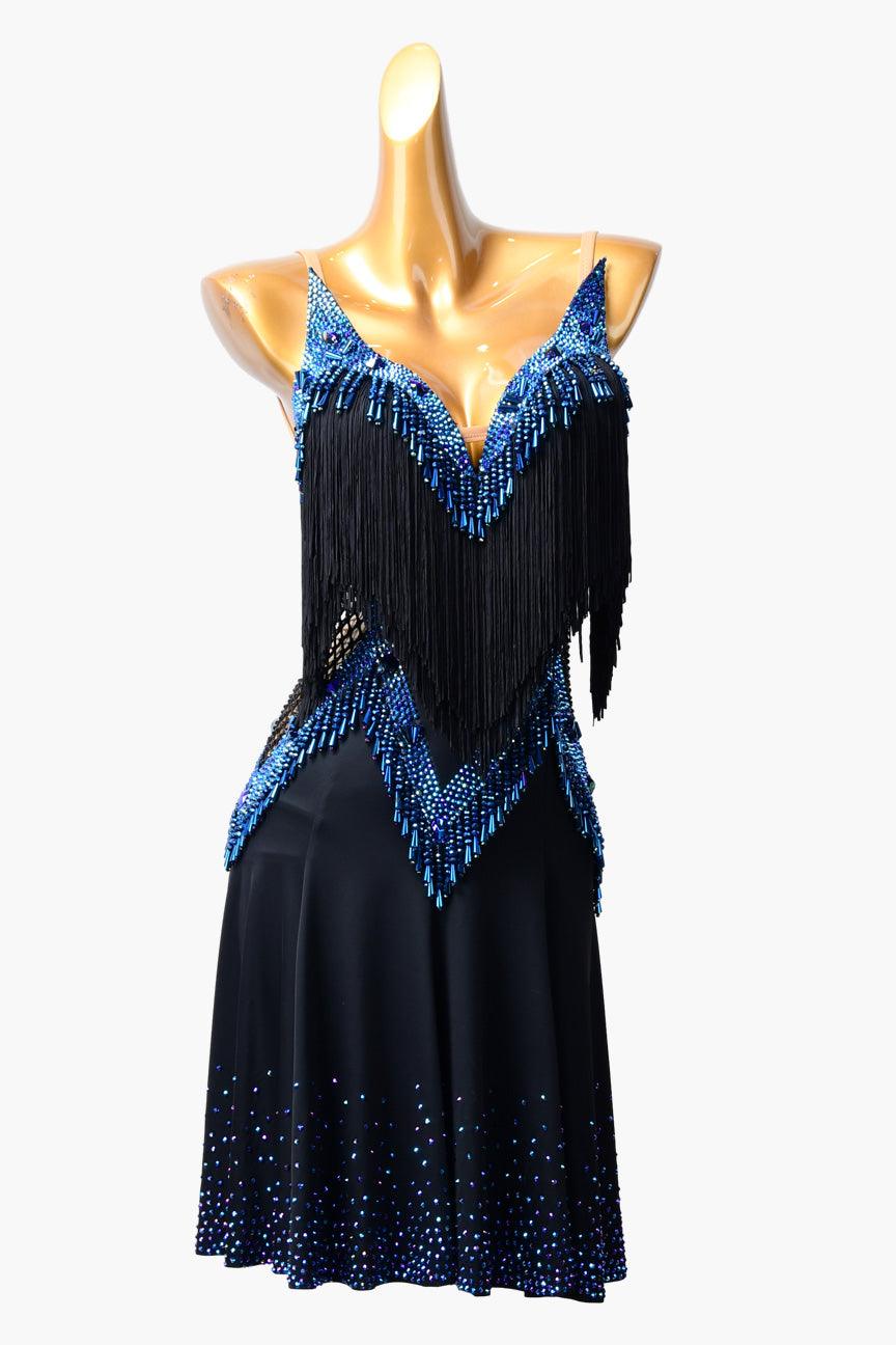 Permino black Latin dress with fringe, beading and rhinestone