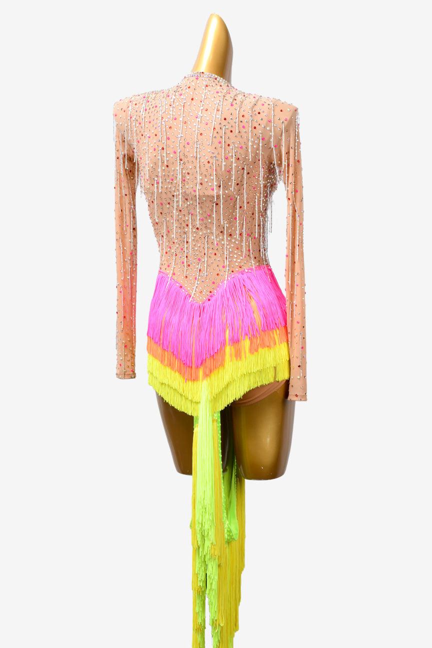 Permino colorful Latin dress with fringe, beaded fringe and rhinestone - PerminoDesign