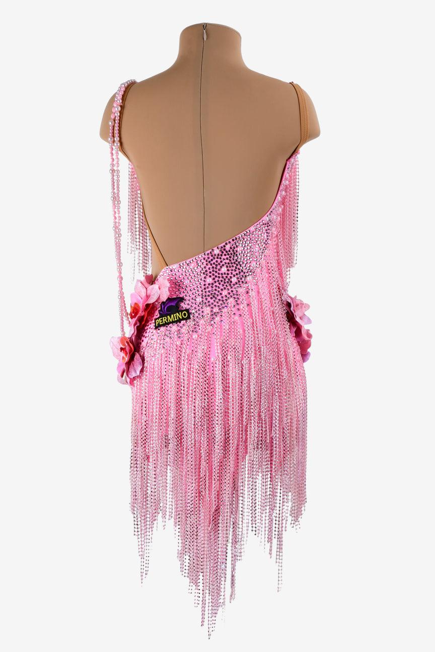 Permino pink matt lycra Latin dress with crystal fishnet fringes, rhinestone & flower appliques - PerminoDesign