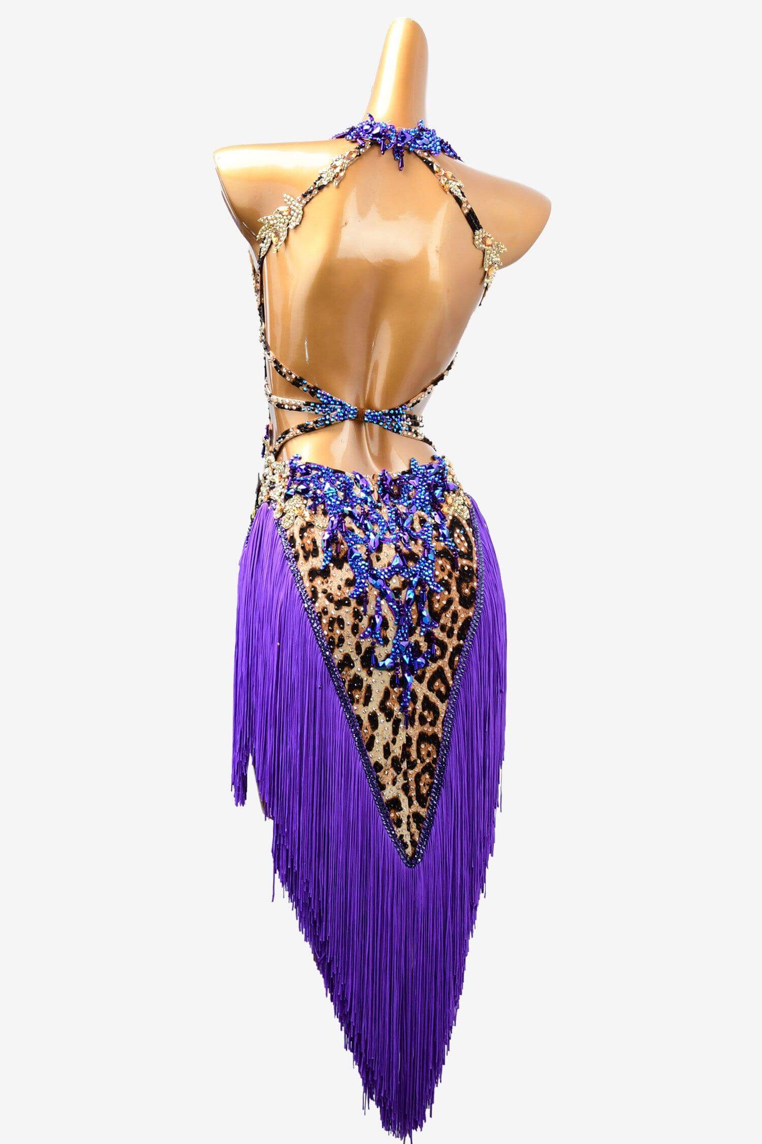 Permino Leopard print Latin dress with purple lace appliqués & fringes, rhinestones & sew-on stones - PerminoDesign