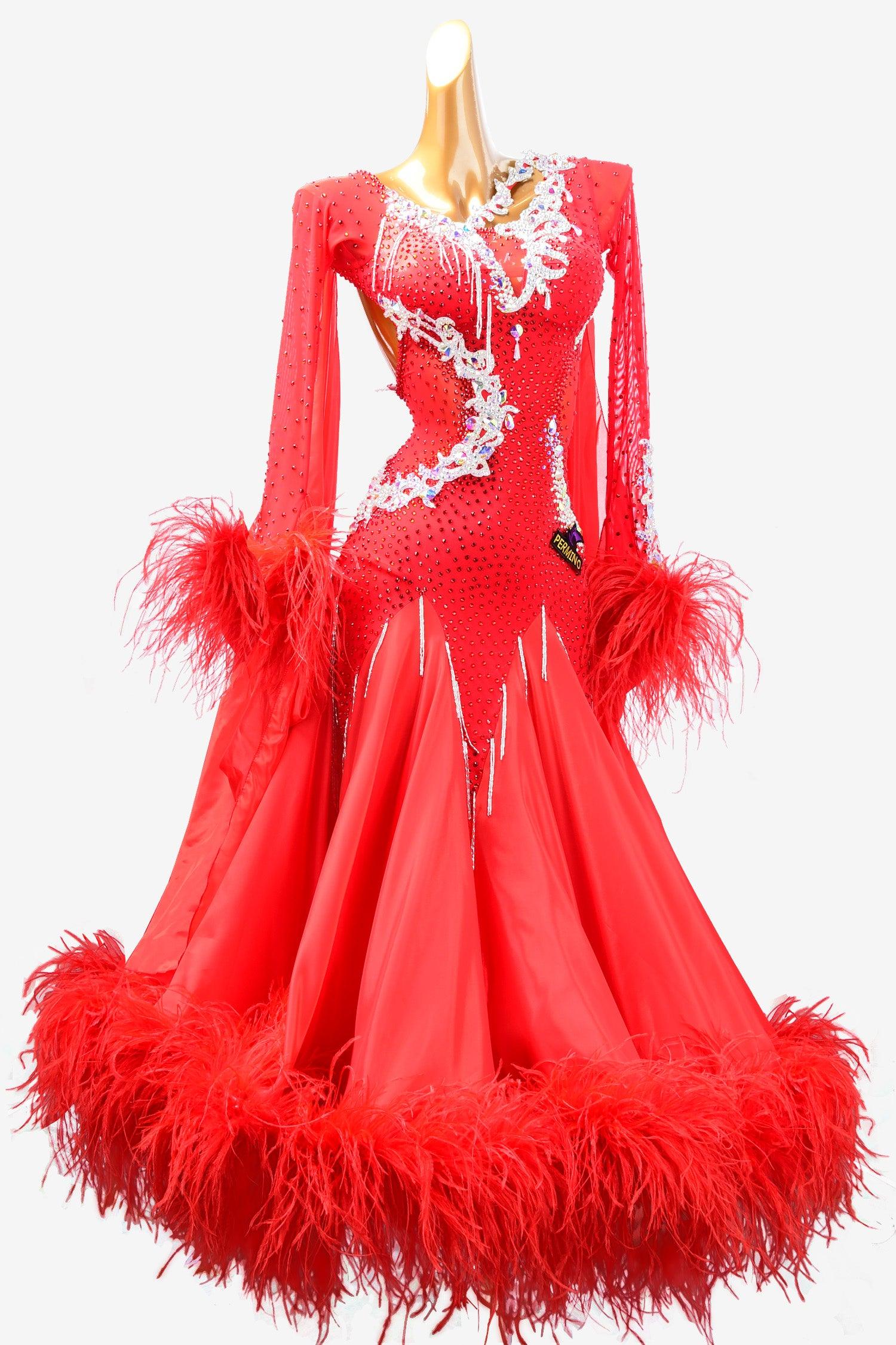 Permino red ballroom dress with lace appliqués, beaded fringes, feathers, rhinestones & sew-on crystals - PerminoDesign