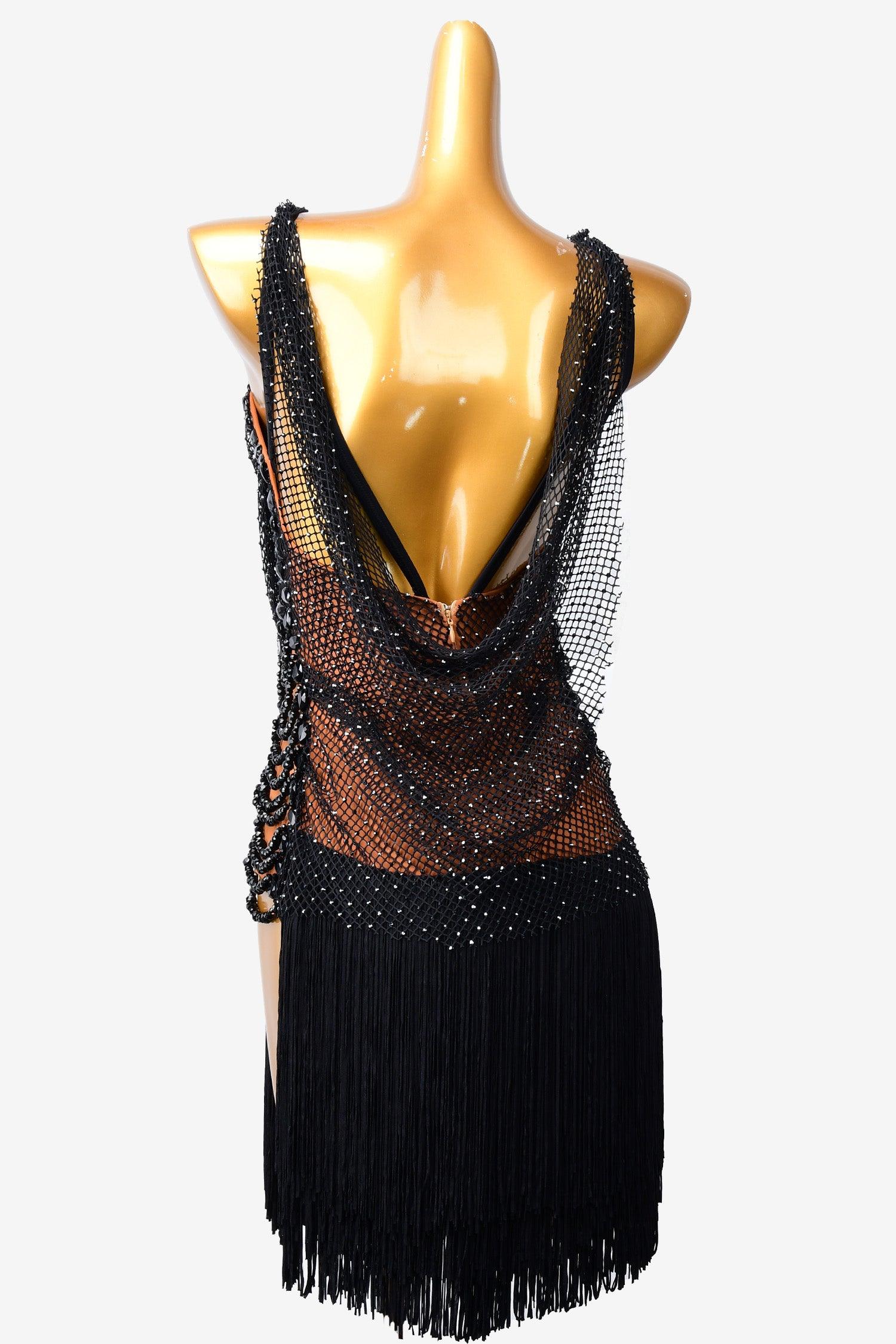 Permino black Latin dress with fringe, fishnet, beading and rhinestone - PerminoDesign