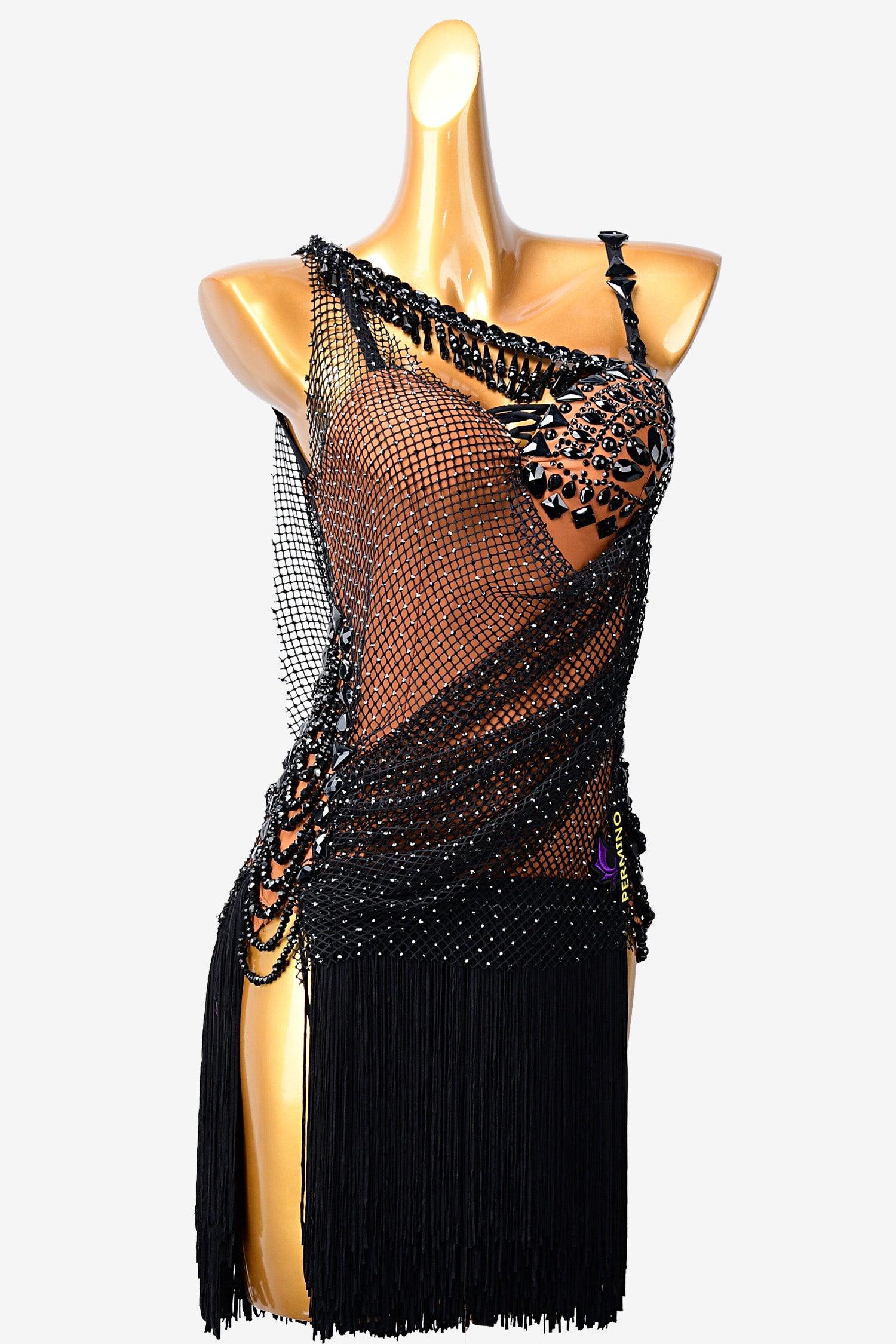 Permino black Latin dress with fringe, fishnet, beading and rhinestone - PerminoDesign