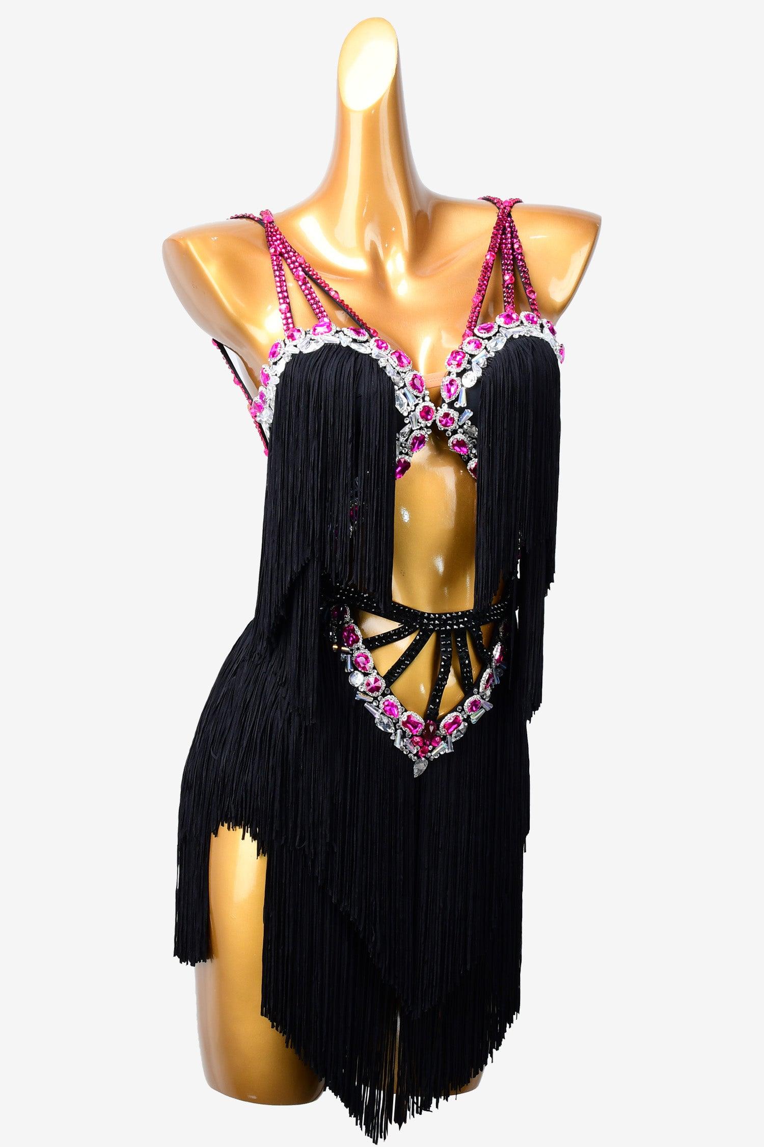 Permino black Latin dress with fringe and crystal AB - PerminoDesign