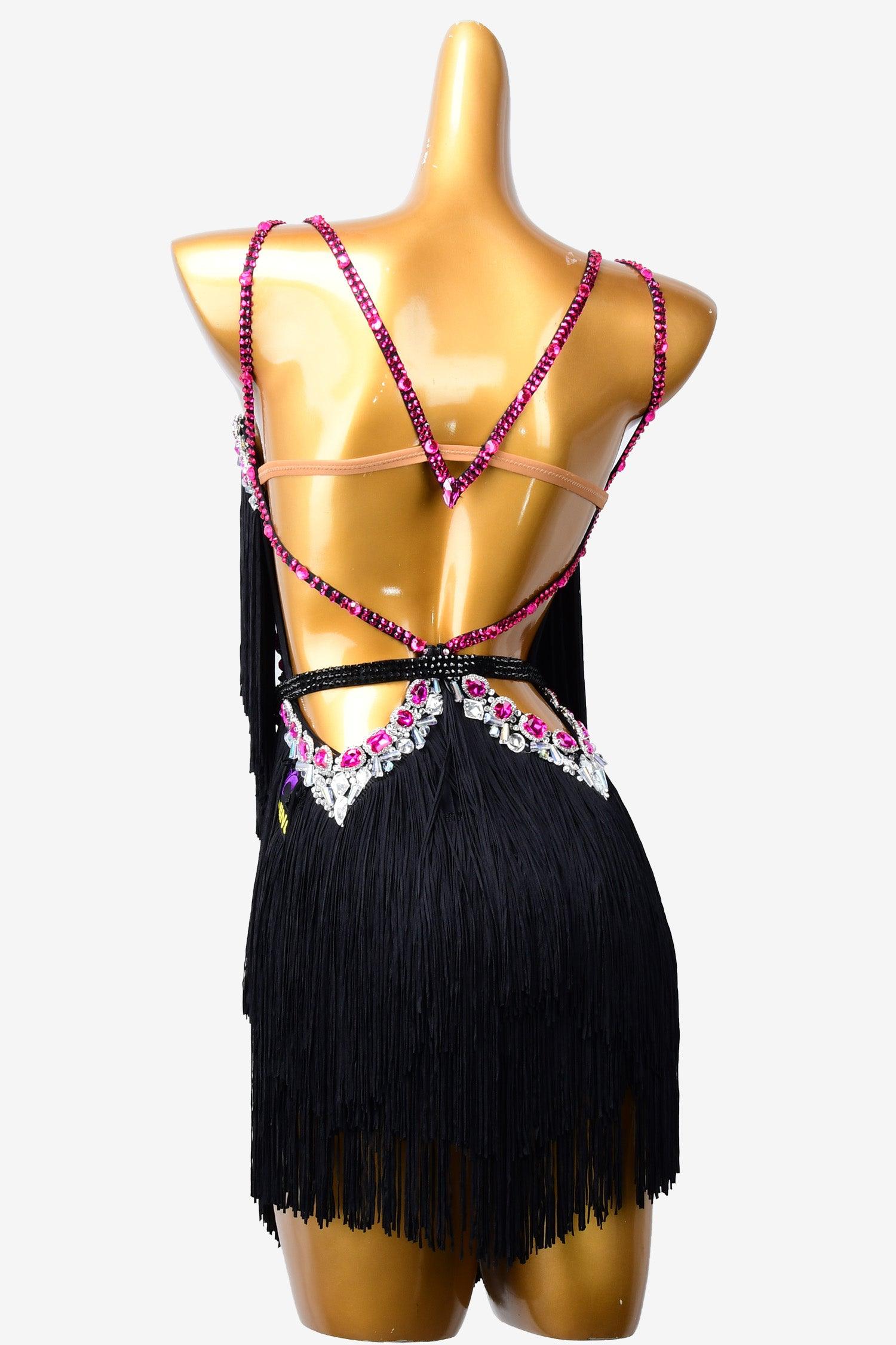 Permino black Latin dress with fringe and crystal AB - PerminoDesign