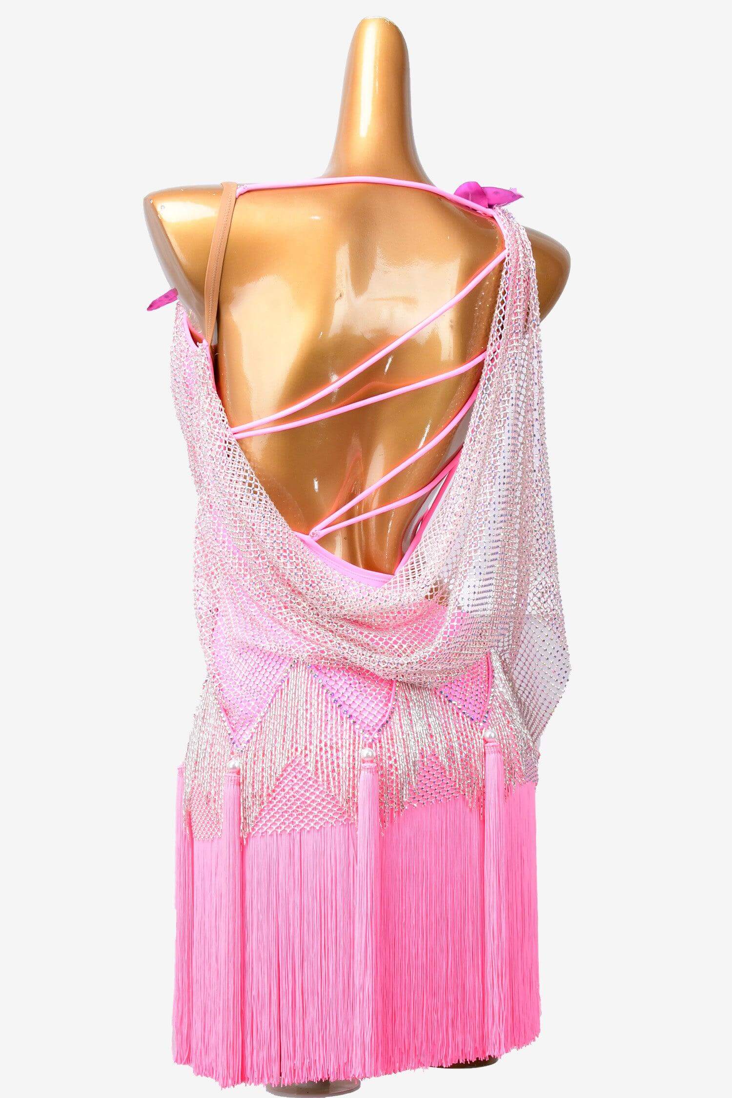 Permino bright pink crystal fishnet Latin dress with fringes, flower appliques, beaded fringes & rhinestones - PerminoDesign