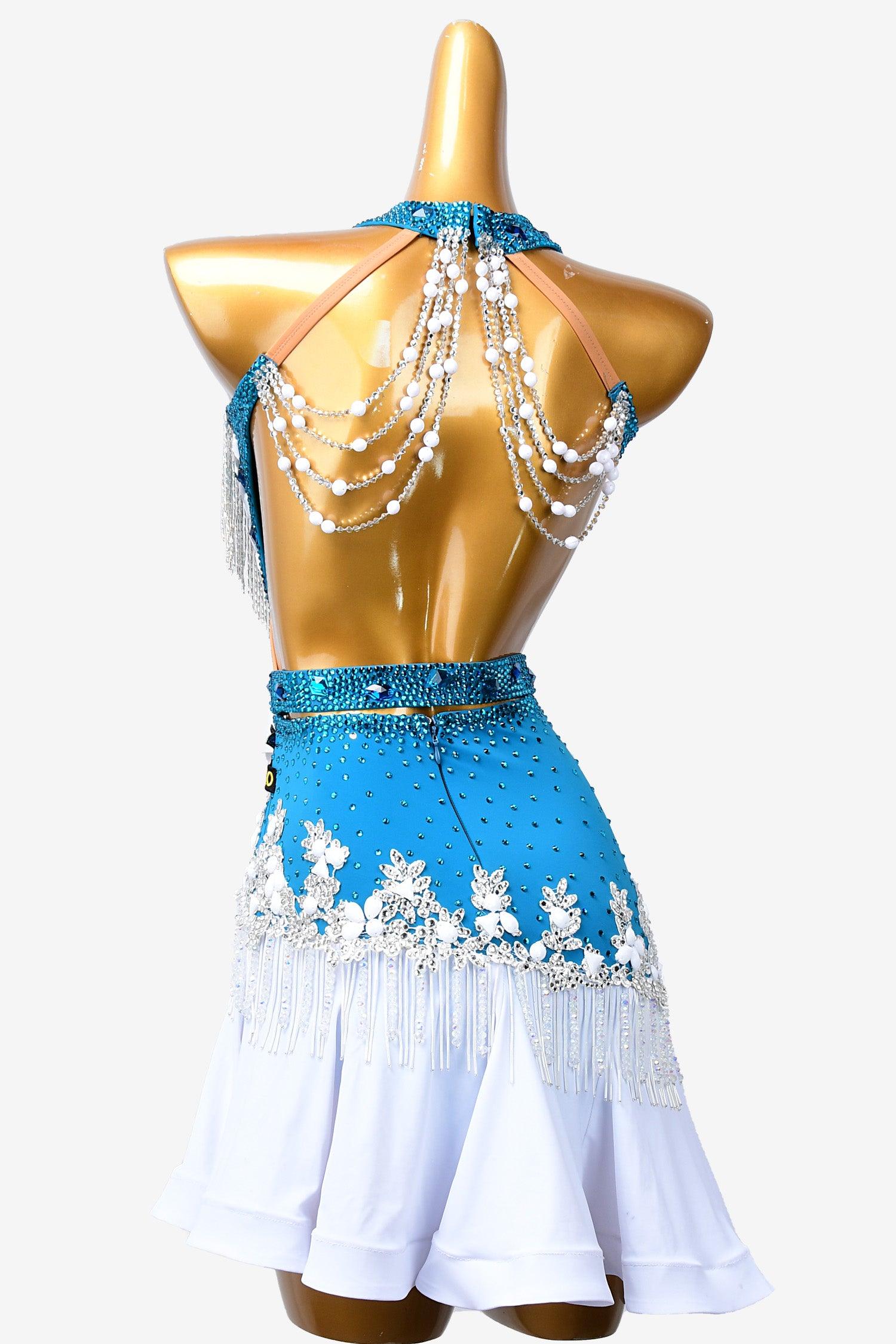 Permino deep sky blue Latin dress with white flower appliques, beaded fringe & crystals - PerminoDesign