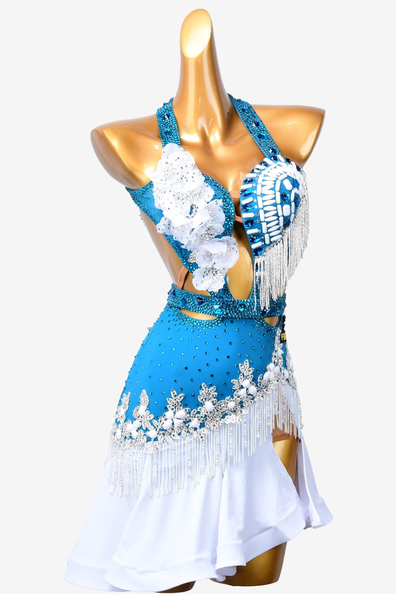 Permino deep sky blue Latin dress with white flower appliques, beaded fringe & crystals