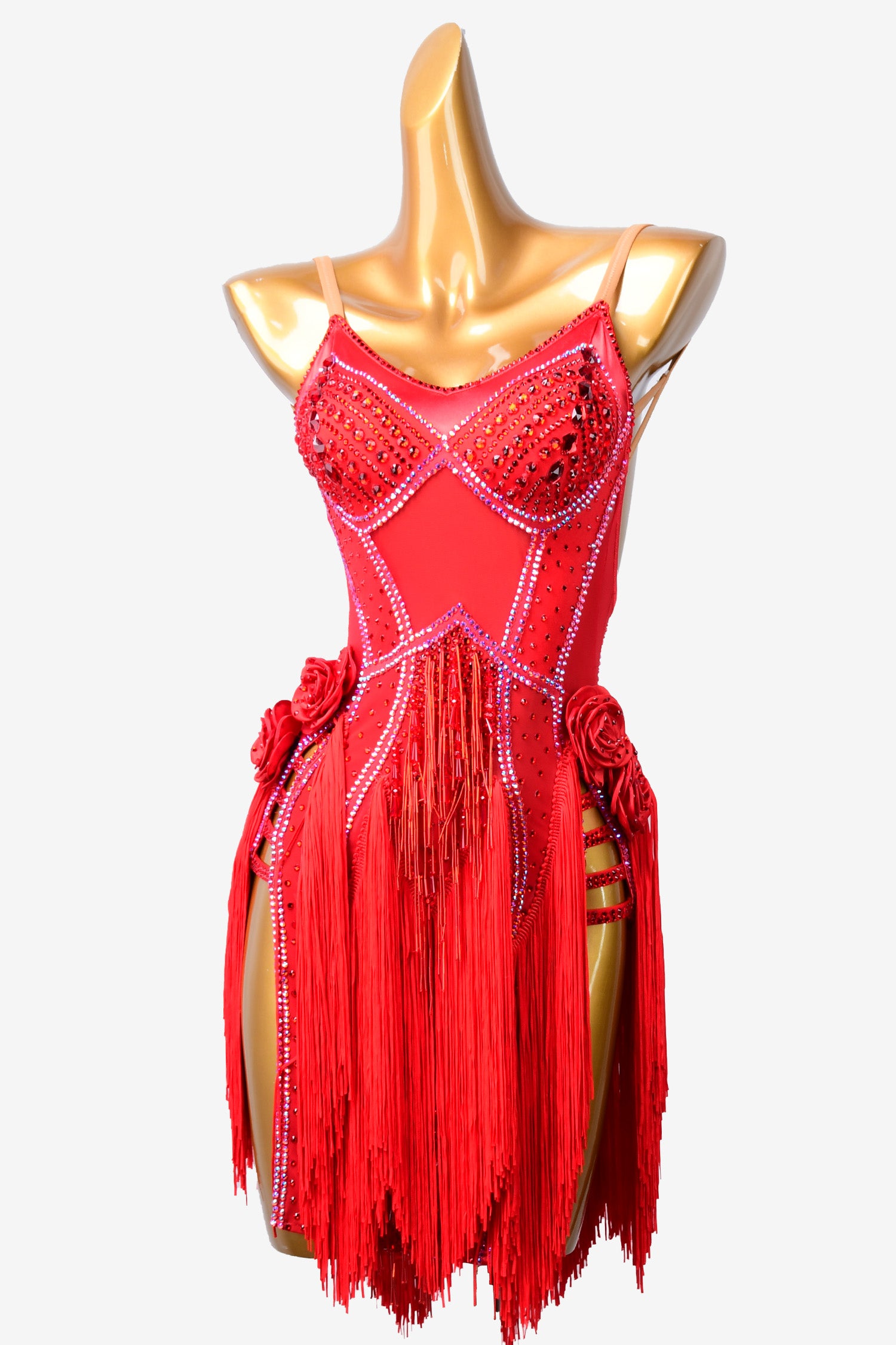 Permino vermilion Latin dress with red flower appliques, fringes, crystal AB & sew-on stones