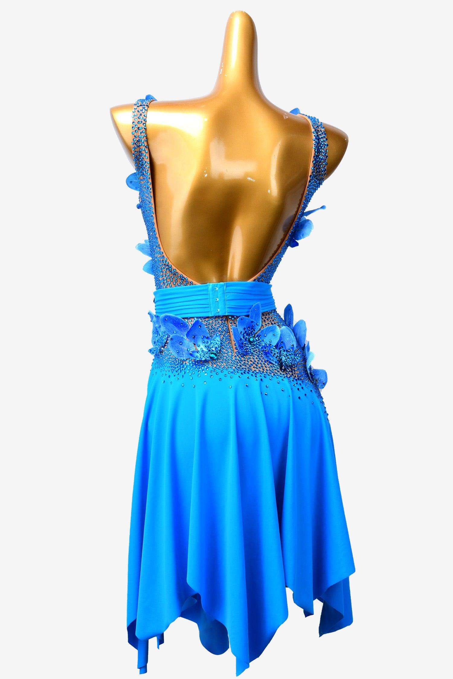 Permino deep sky blue draped Latin dress with flower appliques, rhinestone & sew-on stones - PerminoDesign