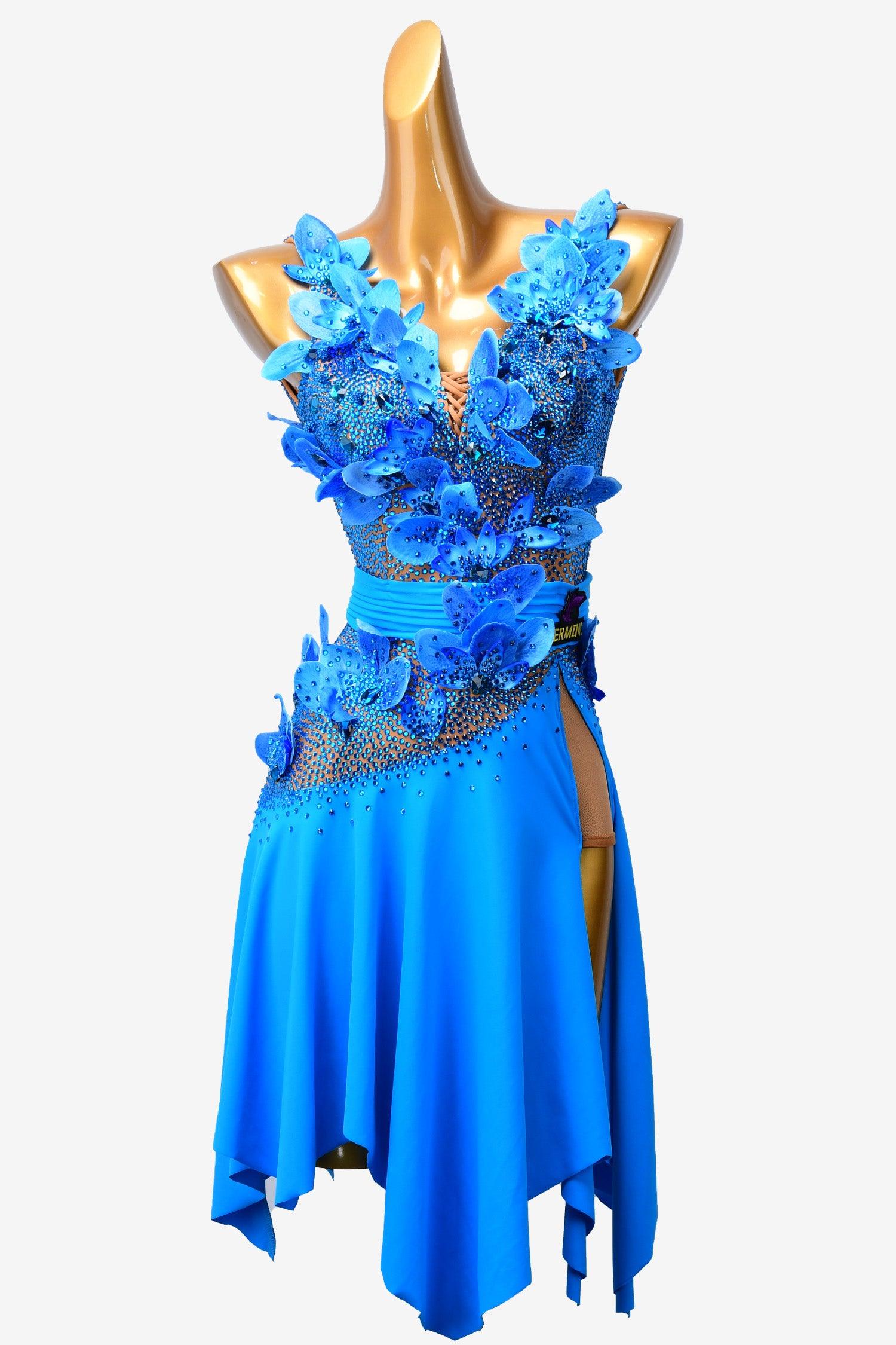 Permino deep sky blue draped Latin dress with flower appliques, rhinestone & sew-on stones - PerminoDesign