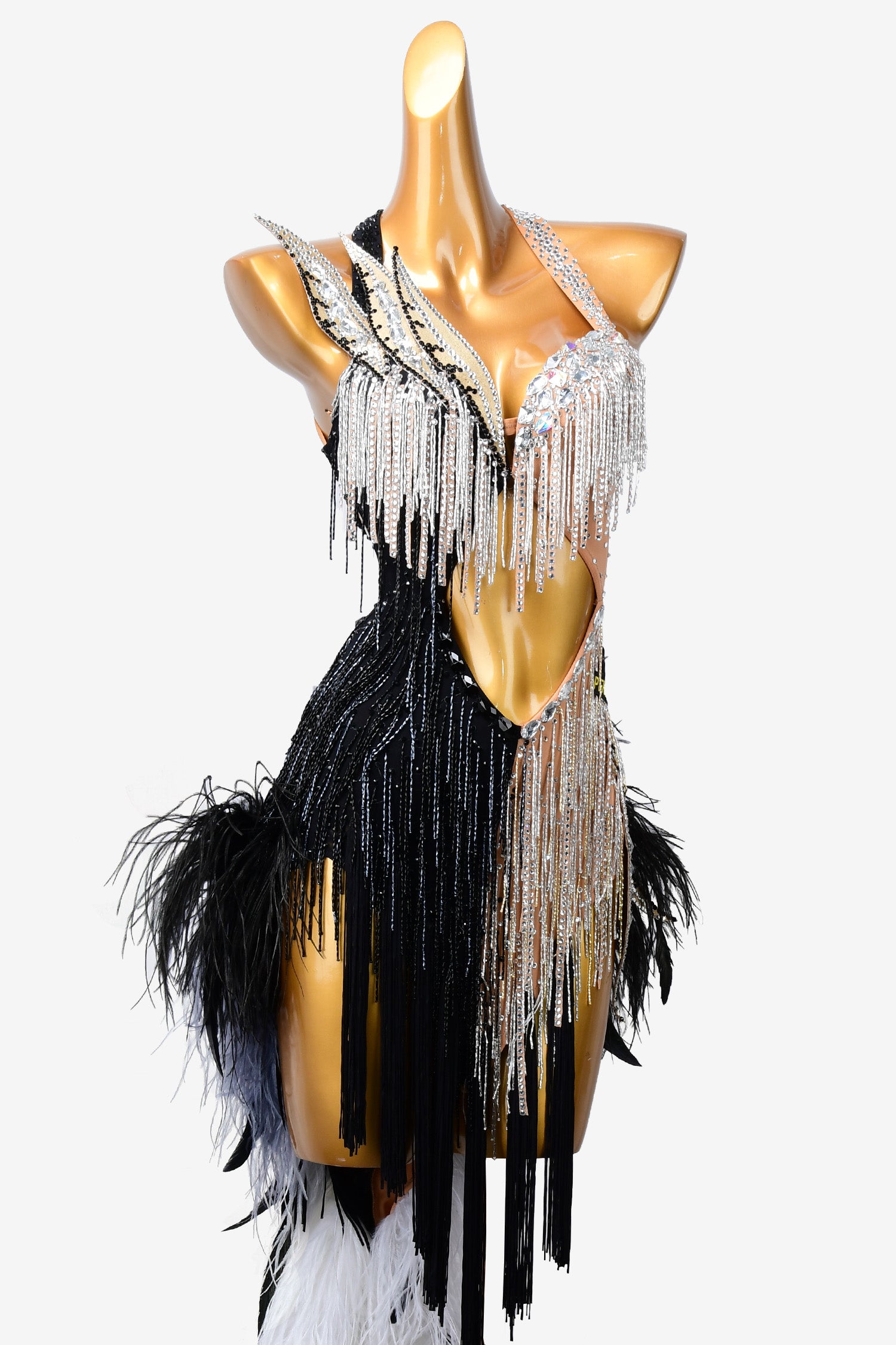 Permino black Latin dress with beaded fringe, tassel, feather and rhinestone