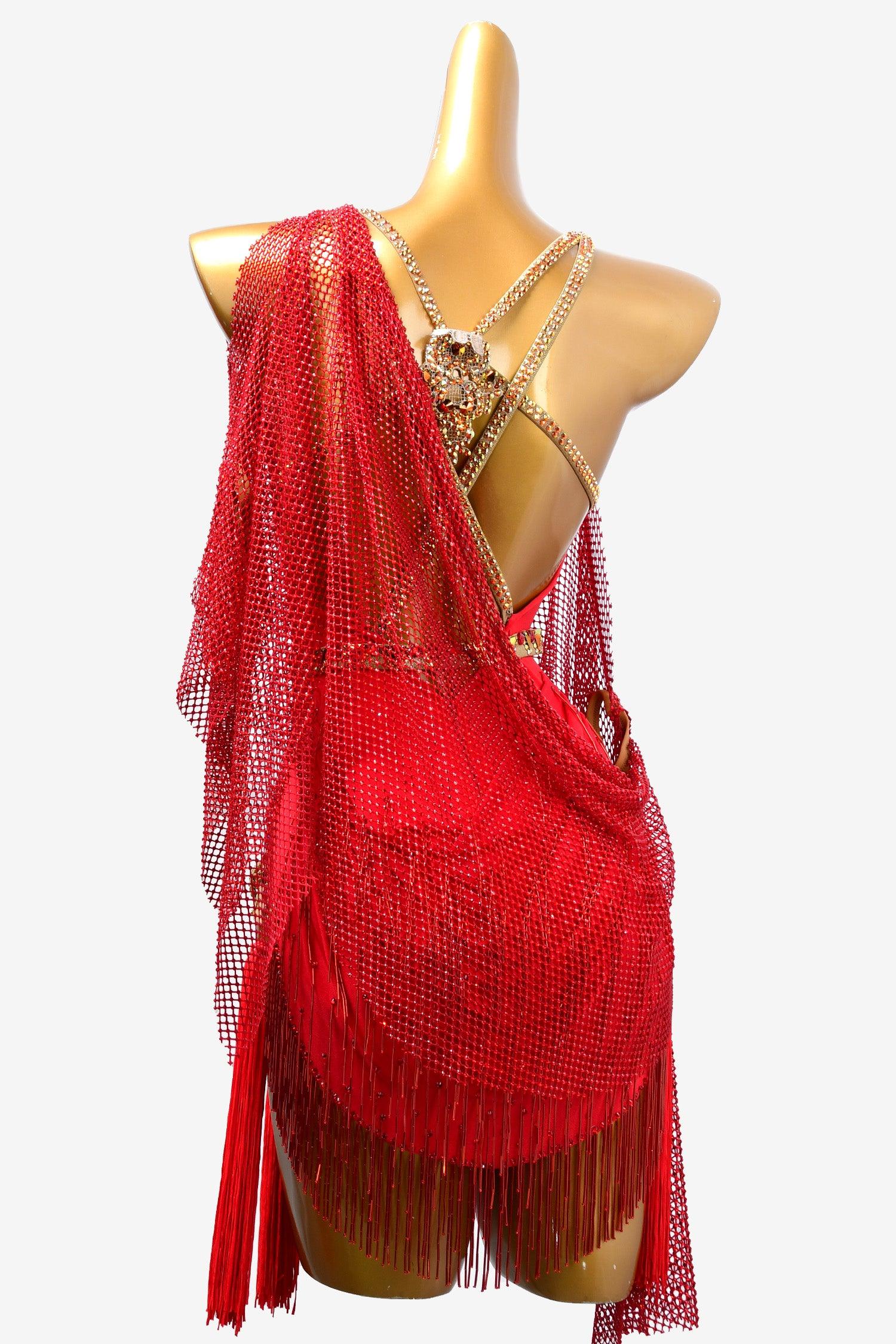 Permino vermilion Latin dress with beaded fringe, fishnet, tassel and rhinestone - PerminoDesign