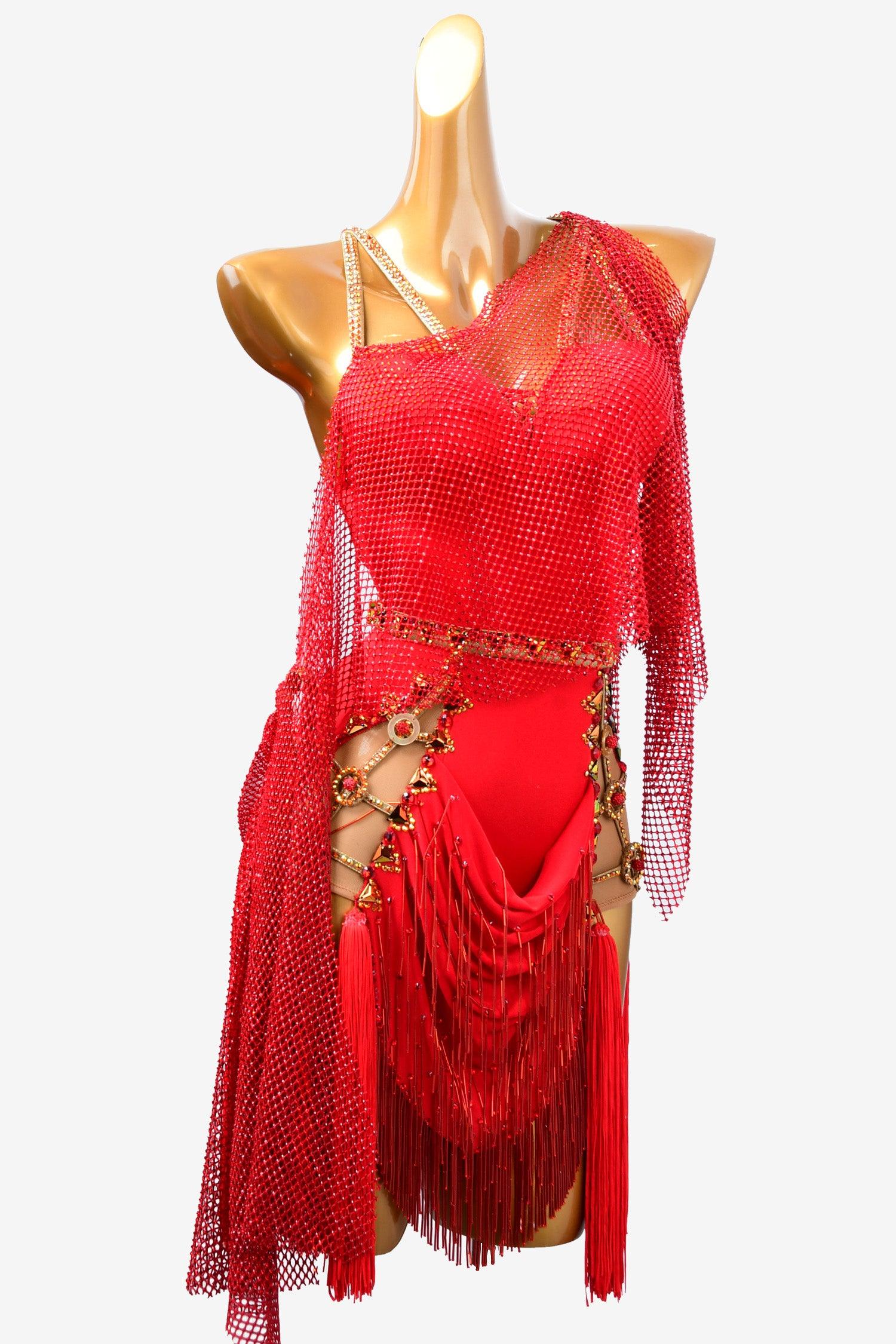 Permino vermilion Latin dress with beaded fringe, fishnet, tassel and rhinestone - PerminoDesign